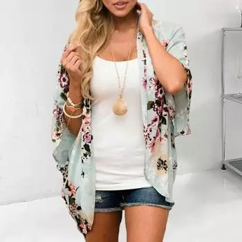 Женская пляжная рубашка с цветочным принтом, с половиной рукавом и открытой строчкой, тонкая, мягкая, дышащая, с защитой от солнца, с защитой от УФ-лучей, свободная женская пляжная накидка, топ M