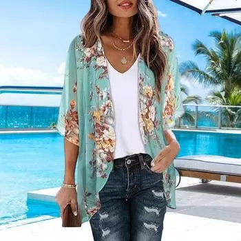 Женская пляжная рубашка с рукавом 3/4, средней длины, солнцезащитный топ с цветочным принтом, дышащая, свободного кроя, пляжная шаль, верхняя одежда M