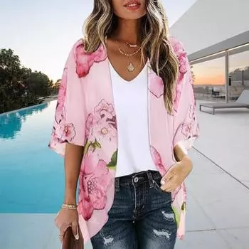 Женская пляжная рубашка с рукавом 3/4, средней длины, солнцезащитный топ с цветочным принтом, дышащая, свободного кроя, пляжная шаль, верхняя одежда L