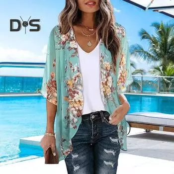 Женская пляжная рубашка с рукавом 3/4, средней длины, солнцезащитный топ с цветочным принтом, дышащая, свободного кроя, пляжная шаль, верхняя одежда XL темно-зеленого