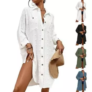 Женская пляжная рубашка, сплошной цвет, с длинными рукавами и лацканами, свободная однобортная защита от солнца, анти-УФ-карманы, мягкий женский кардиган, топ королевский синий