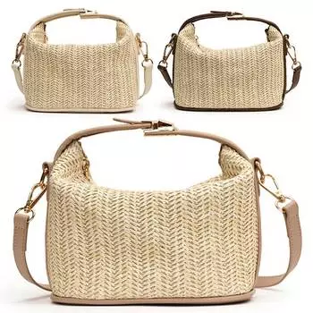 Женская пляжная сумка, однотонная соломенная тканая сумка через плечо с застежкой-молнией, верхняя ручная сумка с регулируемым ремешком для покупок