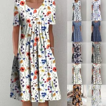 Женская пляжная свободная туника с коротким рукавом и цветочным принтом, пуловер, рубашка, женское платье миди
