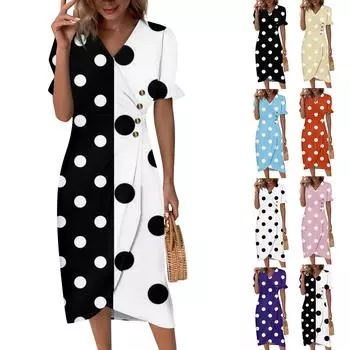 Женская пляжная юбка Элегантное весенне-летнее платье с v-образным вырезом и принтом в горошек Плиссированная длинная юбка L бежевый