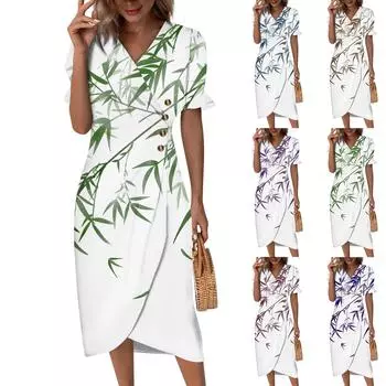 Женская пляжная юбка. Элегантное весенне-летнее платье с v-образным вырезом и принтом. Плиссированная длинная юбка. L зелёный