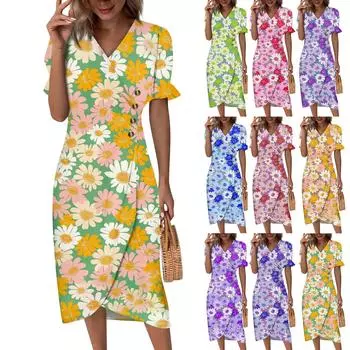 Женская пляжная юбка. Элегантное весенне-летнее платье с v-образным вырезом и принтом. Плиссированная длинная юбка. L синий