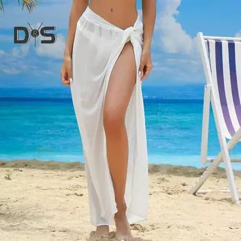 Женская пляжная юбка на шнуровке, однотонная, прозрачная, тонкая, быстросохнущая, струящаяся, солнцезащитная, бикини-накидка белый