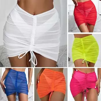 Женская пляжная юбка, прозрачная сетка, плиссированная легкая юбка для плавания, бассейн S синий