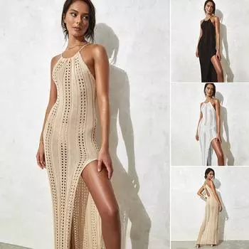 Женская пляжная юбка с лямкой на шее, женский однотонный вязаный полый купальник без рукавов, пляжное длинное платье для отпуска one size чёрный