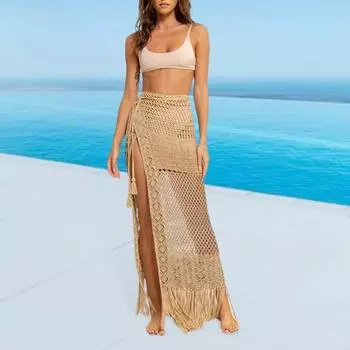 Женская пляжная юбка с высокой талией, трикотажная, с длинной кисточкой, прозрачная, длиной до пола, сплошной цвет хаки