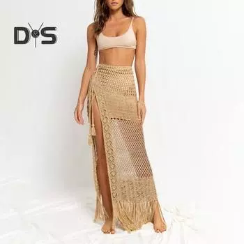 Женская пляжная юбка с высокой талией, трикотажная, длинная, с кисточками, прозрачная, длиной до пола, с разрезом, однотонная, в стиле бохо, женская юбка-бикини хаки