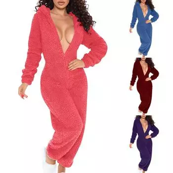 Женская плюшевая домашняя одежда с капюшоном и длинными рукавами, пижамы, цельная одежда, пуговицы, комбинезоны S винный