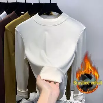 Женская плюшевая футболка облегающего кроя с длинными рукавами и воротником-стойкой — однотонная, с бархатом, теплая на осень/зиму. Coffee (fleece)