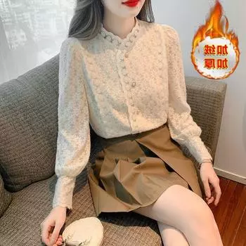 Женская плюшевая кружевная рубашка с длинным рукавом - стильный и теплый топ осень/зима 2024 XL 115-125 lbs