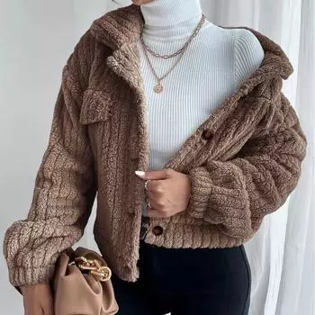 Женская плюшевая куртка из искусственного меха, плотное пальто, повседневное свободное пальто с длинными рукавами, женская верхняя одежда, осенне-зимнее женское пальто на пуговицах S чёрный