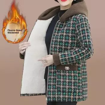 Женская плюшевая куртка из овечьего флиса с капюшоном - зимнее утолщенное клетчатое короткое пальто, модный повседневный топ 5XL хаки