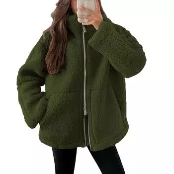 Женская плюшевая куртка, повседневная, с длинным рукавом, большого размера, теплая, с двойной молнией, зимняя, плюшевая куртка L армия зеленый