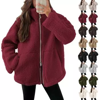 Женская плюшевая куртка, повседневная, с длинным рукавом, большого размера, теплая, с двойной молнией, зимняя, плюшевая куртка S бежевый