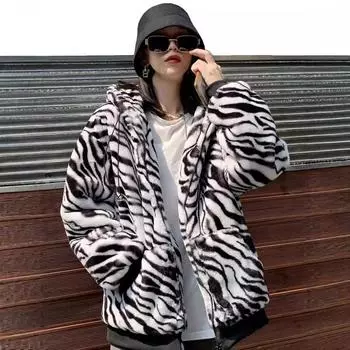 Женская плюшевая куртка с капюшоном и рисунком зебры, новая на осень и зиму, свободная, утолщенная, имитация кроличьей шерсти, прошитая нитками S