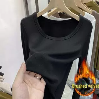 Женская плюшевая облегающая теплая рубашка с длинными рукавами - универсальный однотонный цвет для осени и зимы L