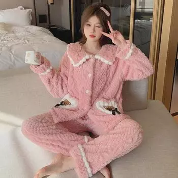 Женская плюшевая пижама больших размеров - Милый кардиган с кукольным воротником для осени и зимы XL фиолетовый