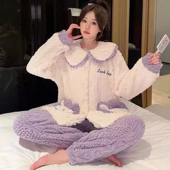 Женская плюшевая пижама-кардиган с кукольным воротником - милая, теплая, большого размера для осени/зимы M