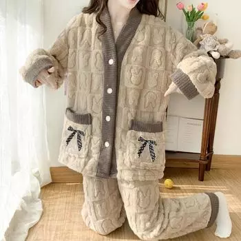 Женская плюшевая пижама с V-образным вырезом: Милый, сладкий, небольшой аромат, большой размер для осени и зимы.