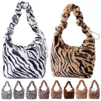 Женская плюшевая простая сумка для покупок с завязкой на ремешке с леопардовым принтом, элегантная сумка большой вместимости, шикарная сумка-хобо для путешествий на открытом воздухе purple leopard print