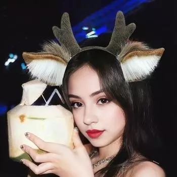 Женская плюшевая рождественская повязка на голову с рогами оленя, ручная работа, 3D-украшение для ушей, обруч для волос, аксессуары для волос для вечеринки в стиле косплея хаки