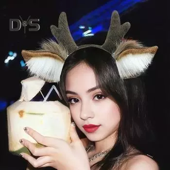 Женская плюшевая рождественская повязка на голову с рогами оленя, ручная работа, 3D-украшение для ушей, обруч для волос, аксессуары для волос для вечеринки в стиле косплея хаки