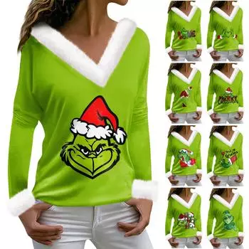 Женская плюшевая рубашка с v-образным вырезом, рождественская блузка с длинными рукавами и принтом Grinchmas, топ L