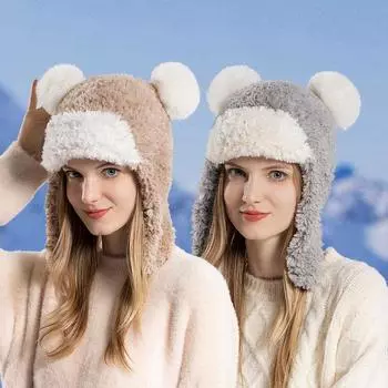 Женская плюшевая шапка Lei Feng, осенне-зимняя теплая и милая милая шапка с защитой ушей, толстая шапка для езды на велосипеде на открытом воздухе для женщин розовый