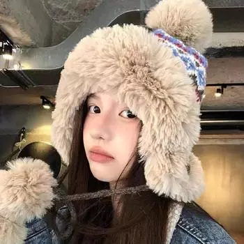 Женская плюшевая шапка Lei Feng в национальном стиле, осень-зима 2024 года, новая утолщенная теплая вязаная шапка для защиты ушей от ушей M56-58cm