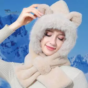 Женская плюшевая шапка с защитой лица, мешковатая флисовая шапка-бини, шарф-маска с капюшоном, теплая зимняя ветрозащитная лыжная шапка для занятий спортом на открытом воздухе серый/синий