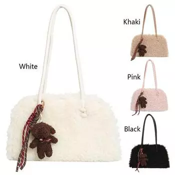 Женская плюшевая сумка через плечо, однотонная сумка через плечо, большая вместительная сумка-хобо с молнией для работы, путешествий, шопинга White