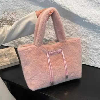 Женская плюшевая сумка через плечо, пушистые сумки большой емкости, осенне-зимние дорожные сумки для покупок, сумки из искусственного меха под мышками 29x9x23cm чёрный