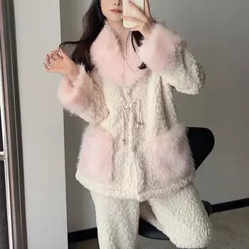 Женская плюшевая толстая утепленная пижама осень-зима милые брюки с длинными рукавами домашняя одежда кардиган двухсторонняя бархатная пижама L розовый