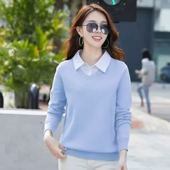 Женская поддельная футболка из двух частей, свитер с воротником, пуловер, свитер в корейском стиле, свободная и универсальная верхняя одежда, топ M