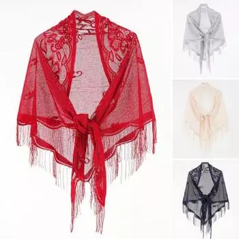 Женская полая шаль с вышивкой и цветочной кисточкой, тонкая шаль на шнуровке, сплошной цвет, солнцезащитный крем, элегантное накидка чёрный