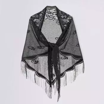 Женская полая шаль с вышивкой и цветочной кисточкой, тонкая шаль на шнуровке, сплошной цвет, солнцезащитный крем, элегантное накидка чёрный