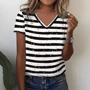 Женская полосатая 3D-футболка, топ с V-образным вырезом, повседневная уличная одежда Harajuku Christmas fashion с коротким рукавом XS