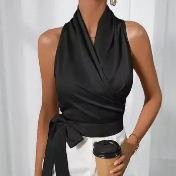 Женская полосатая атласная рубашка, сексуальная блузка без рукавов со шнуровкой и боковыми завязками на весну и лето S чёрный