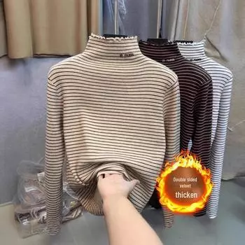 Женская полосатая бархатная водолазка — теплая, с длинными рукавами, двухсторонняя рубашка для осени/зимы 2024 г. XXL кофейный