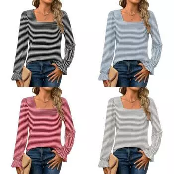 Женская полосатая блузка с квадратным вырезом и длинным рукавом S