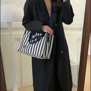 Женская полосатая большая сумка, простая сумка для покупок, большая вместительная сумка на плечо, парусиновая стильная сумка через плечо, повседневная квадратная дорожная сумка 34.5x14x25.5cm чёрный