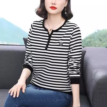 Женская полосатая футболка большого размера, модная весенне-осенняя футболка с V-образным вырезом, внутренняя и внешняя основа из чистого хлопка, универсальный топ M