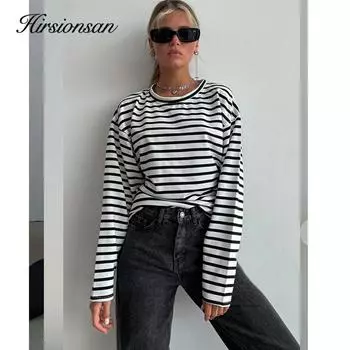 Женская полосатая футболка Hirsionsan с длинными рукавами, весна-лето 2023, большие футболки из 100% хлопка, женские повседневные шикарные футболки, топы для девочек S чёрный