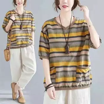Женская полосатая футболка из хлопка и льна с короткими рукавами, женская свободная летняя рубашка с V-образным вырезом для мам среднего возраста, большой размер, закрывающая живот, хлопковая блузка для женщин XXL жёлтый
