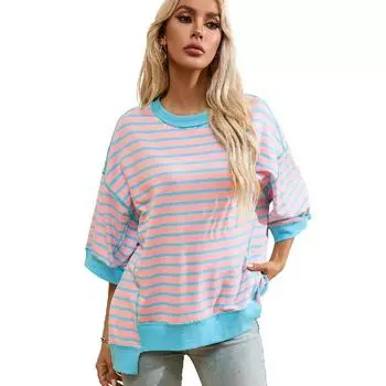 Женская полосатая футболка оверсайз с цветными блоками, модная футболка с круглым вырезом и короткими рукавами L розовый