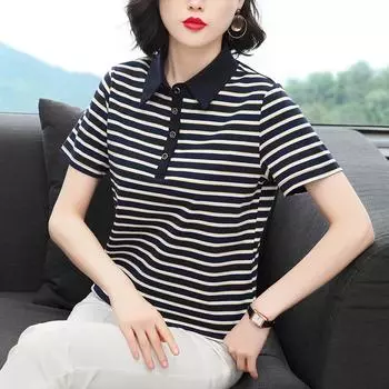 Женская полосатая футболка, поло для женщин среднего возраста, модные повседневные топы, облегающая и универсальная женская базовая рубашка с короткими рукавами M